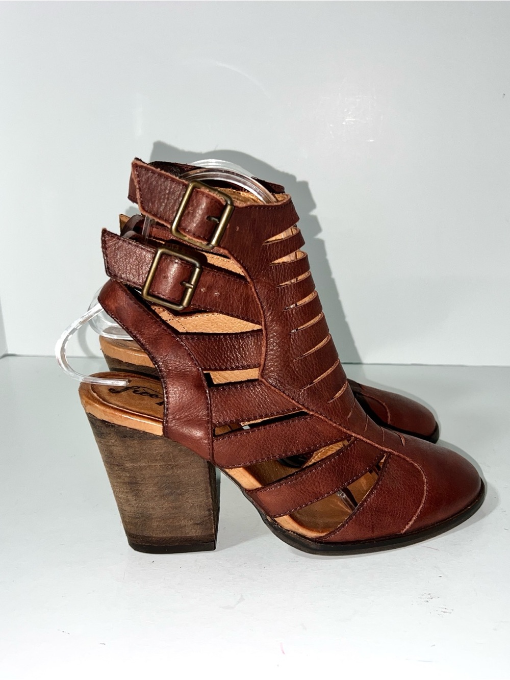 Free People Hayes Brown Leather Cutout Ankle Booties Heels - EU 36 / US 6